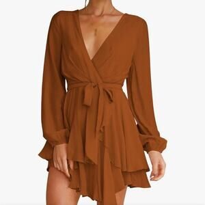 Women's Dress Deep V-Neck Long Sleeve Waist Tie Ruffle Mini Swing Skater Dress